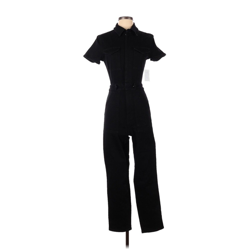 GOOD AMERICAN Solid Black Long Denim Jumpsuit - 1 (Small)